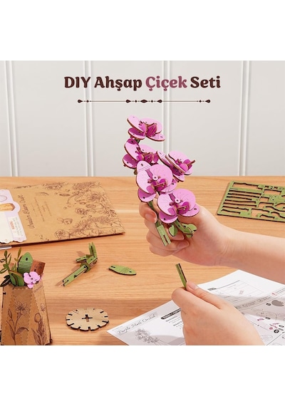 Rowood Tw091 Orkide Çiçeği Purple Moth Orchid Dıy Minyatür Maket Model Set Ahşap 3d Wooden Puzzle Model Kit Ahşap Maket Dekoratif Hobi Seti