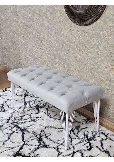 Zafir Beyaz Boyalı Tel Ayaklı 90 Cm Puf Bench - Puf - Bench - Kasalı Oturak - Oturak - Yatak Ucu Puf Gri