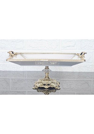 Porselen Büyük Sade Kare Servis Tabağı-sunumluk Döküm Gold Çerçeve Ve Ayaklı 27cm Beyaz