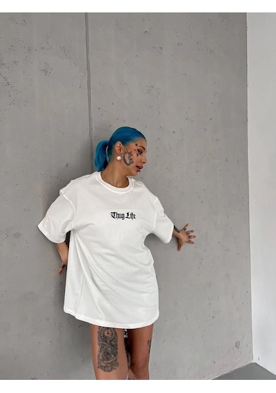 Assema Kadın Bisiklet Yaka Baskılı Oversize T-shirt - Beyaz Çok Renkli