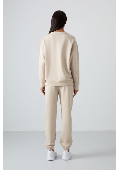 Tommy Life Bej Basic Pamuklu O Yaka Oversize Lastik Paça Kadın Eşofman Takım - 95287 Bej