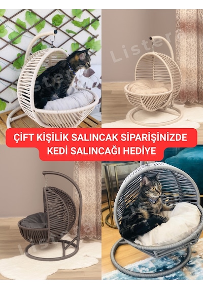 Listera Çift Kişilik Bahçe Balkon Salıncak, Makrome Örgülü Lüks Teras Salıncağı Kedi Salıncağı Hediyeli Krem