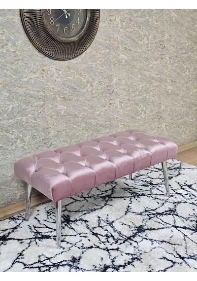 Zafir Krom Kaplama Sivriltme Ayaklı 90 Cm Puf Bench - Puf - Bench - Kasalı Oturak - Oturak - Yatak Ucu Puf Pembe