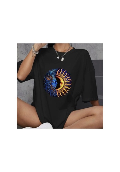 Kadın Baskılı T-shirt Kısa Kol Bisiklet Yaka Oversize Rahat Kalıp Günlük Tişört - Siyah Diğer