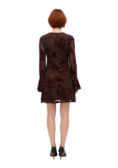 Ersefa Kadınlar İçin Feminine Bodycon Kesim Çiçek Desenli Uzun Kollu Tül Kahverengi