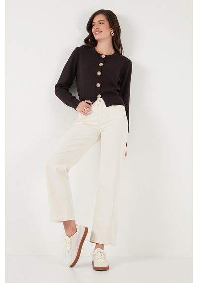 Lela Premium Regular Fit Yuvarlak Yaka Crop Triko Bayan Hırka 680Hi00110 Kahve