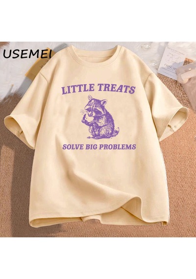 Flood Of Style Küçük Davranır Büyük Sorunları Çözmek Komik Rakun Baskı T Shirt Erkek Kadın Moda Harajuku Ret Haki