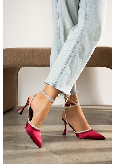 Duxal Shoes Bordo Saten Bilekten Bağlamalı Topuklu Kadın Ayakkabı Bordo