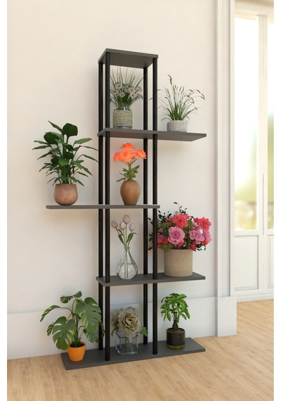5 Raflı Dekoratif Bitki Standı Sökülebilir Kolay Kurulum Saksı Rafı Salon Balkon Çiçeklik Organizer Antrasit