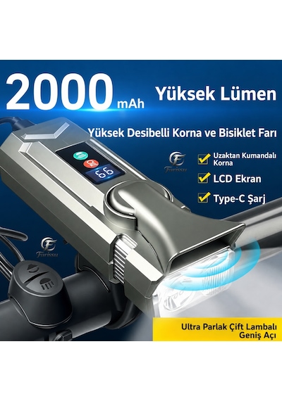 Sm-1710 Şarjlı Bisiklet Farı Ve Kornası 2000mah, Lcd Ekranlı, Profesyonel Bisiklet Aydınlatma Gri