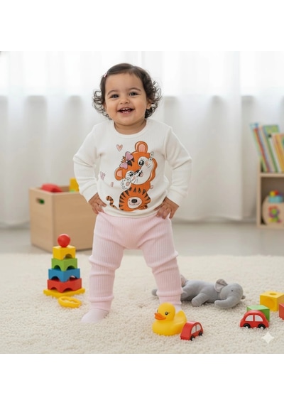 Poppy Trend Kız Bebek Kedi Baskılı Çıt Çıtlı Alt Üst İkili Gündelik Takım Pembe