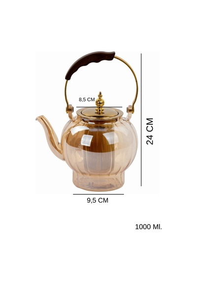 1000 Ml. Isıya Dayanıklı Borosilikat Amber Cam Demlik Ahşap Saplı Süzgeçli Cam Demlik Amber
