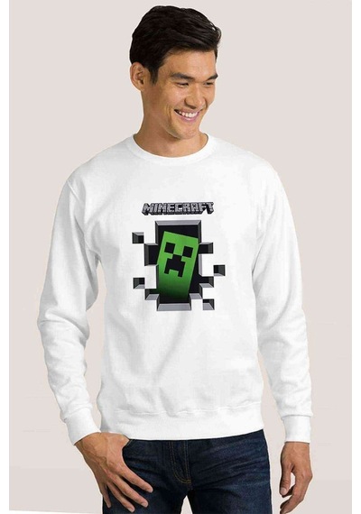 Mine Craft Baskılı Beyaz Erkek Örme Sweatshirt (534645768)