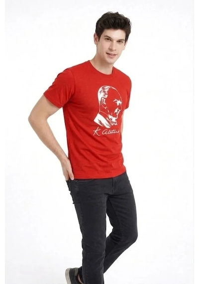 De'charme Erkek Atatürk Baskılı Tişört Kısa Kollu Bisiklet Yaka T-shirt - Kırmızı