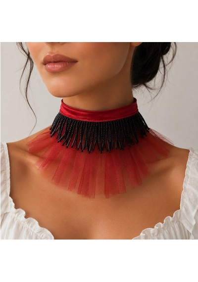 Kırmızı Organze Tül - Siyah El İşi Boncuk Kadın Choker Kırmızı - Siyah