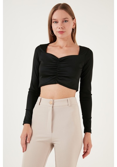 Lela Slim Fit Kalp Yaka Önü Büzgülü Crop Bayan Bluz 5865401 Siyah