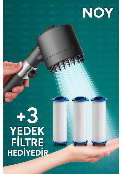 Filtreli Duş Başlığı Yedek Filtre Hediyeli 3 Adet Klor Ve Kireç Önleyici, Yüksek Basınçlı Gri