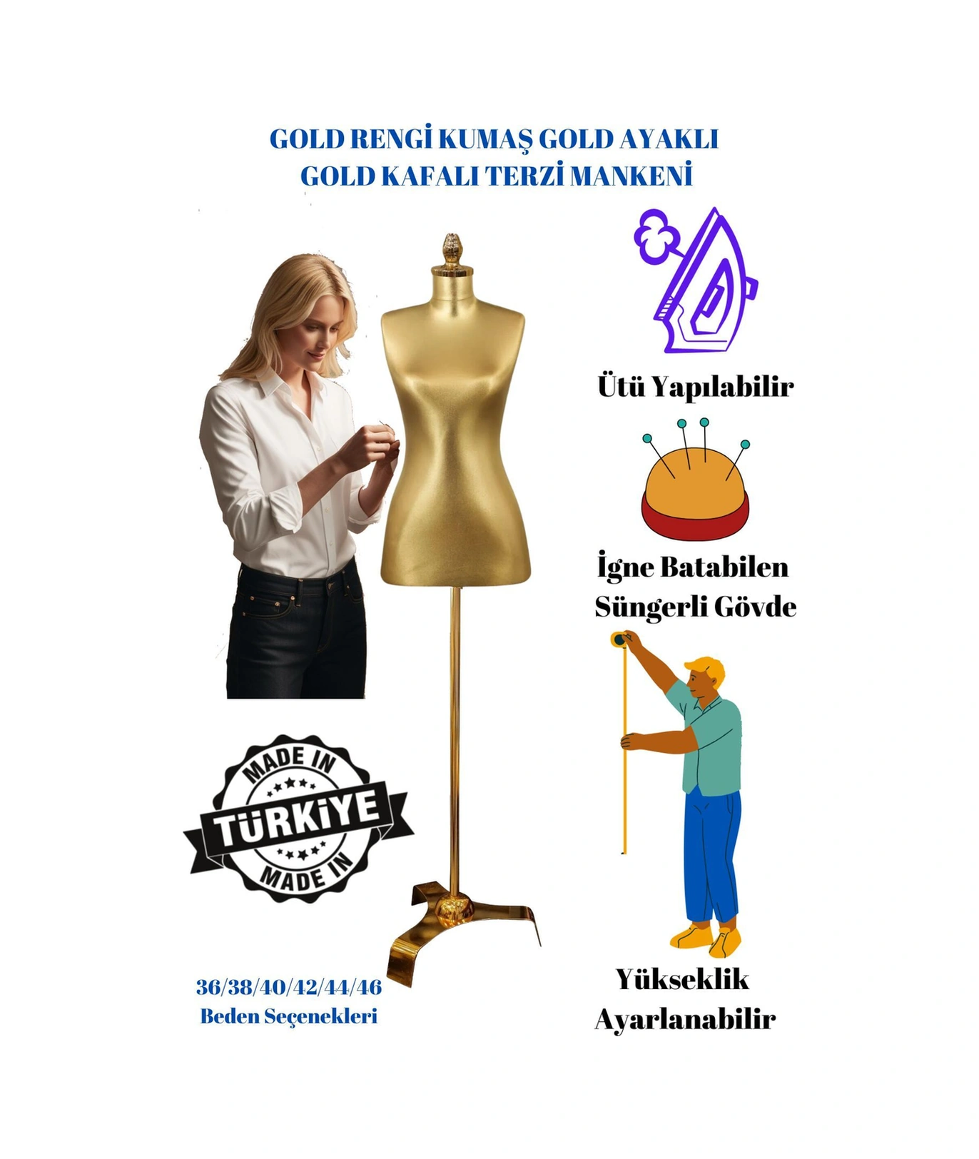Şık Ve Dayanıklı Tasarım- Gold Kumaş Gold Ayaklı Sünger Terzi Mankeni 36-38-40 Beden