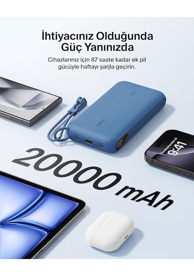 Belkin Boostcharge Power Bank 20000 Mah Display, Pd 20w Usb-c Kablolu Mavi