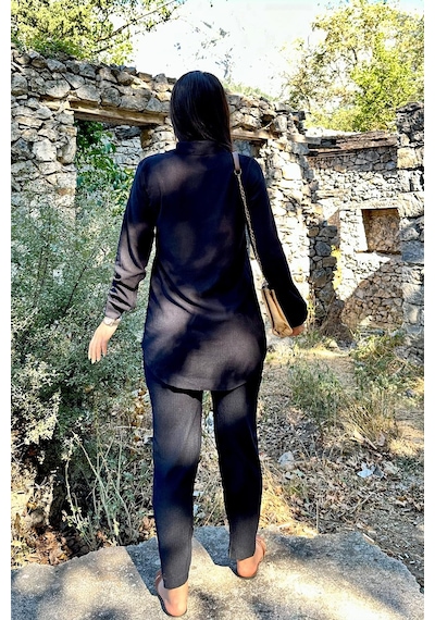 Siyah Renk Cep Detaylı Gömlekli Alt Üst Takım Siyah