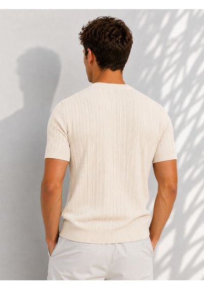 Ribana Erkek Bisiklet Yaka Kısa Kollu Esnek Örme Triko T-shirt 26091 Ekru