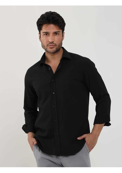 Dufy Siyah Erkek Slim Fit Gofre Desenli Brent Yaka Uzun Kol Gömlek - 104815-siyah Siyah