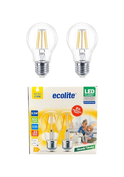 Ecolite 6,5w Led Filament Ampul E27 60w Eşdeğer 2700k Sarı Işık 810 Lümen 2 Li Paket Standart