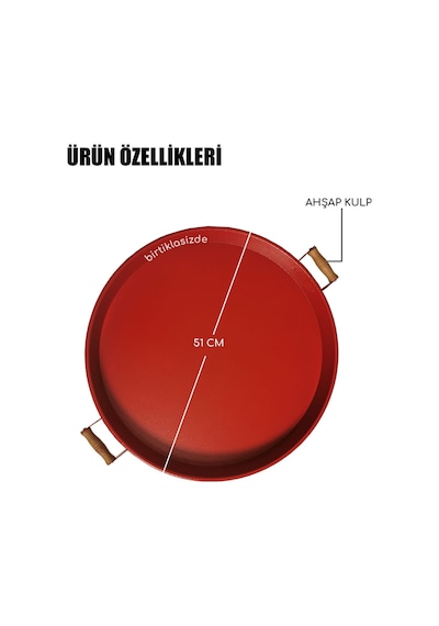 Kitchen Trend 3 Lü Ahşap Kulplu Metal Tepsi Çay Tepsisi Kahve Tepsisi Sunum Tepsi Seti Kırmızı,yeşi