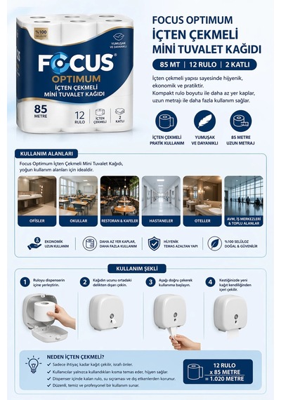 Focus Optimum İçten Çekmeli Mini Tuvalet Kağıdı 85 Mt 12 Rulo