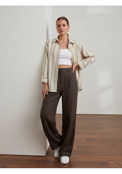 Pera Moda Oversize Çizgili Uzun Kadın Gömleği Taş