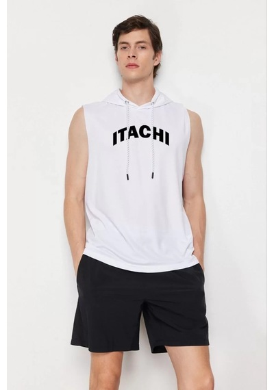 Unisex Kapşonlu Kolsuz Baskılı Oversize T-shirt - Beyaz 001