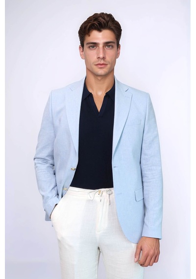 Açık Mavi Keten Dokulu Gold Renk Metal Düğmeli Slim Fit Erkek Blazer Ceket - Wessi Blue