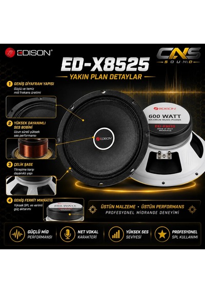 Edison Ed-x8525 20 Cm Midrange Hoparlör 150 Rms 300w Profesyonel Oto Ses Sistemi