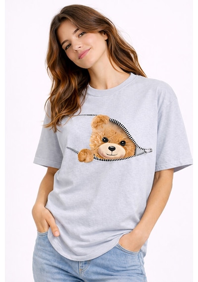 Fermuarlı Ayıcık Baskılı Kadın Tişört Oversize Sevimli Teddy Bear Çok Renkli