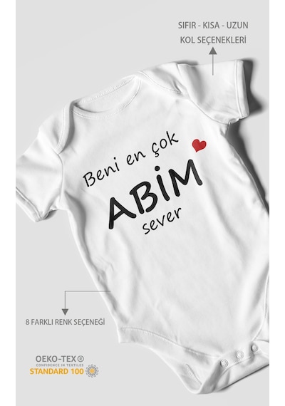 Beni En Çok Abim Sever Baskılı Bebek Zıbını Çıtçıtlı Body %100 Pamuk Kısa Kol Beyaz