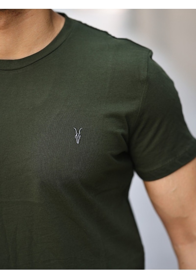 Erkek Haki Slim Fit Bisiklet Yaka %100 Pamuk Tişört Haki