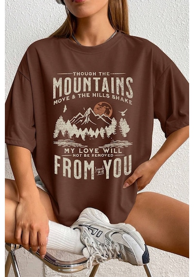 Unisex Mountains Baskılı Tasarım Tshirt Kahverengi