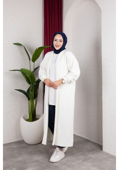 Hira Life Fashion Kadın Şal Yaka Uzun Triko Ve Sakallı Tüylü Hırka Krem Krem