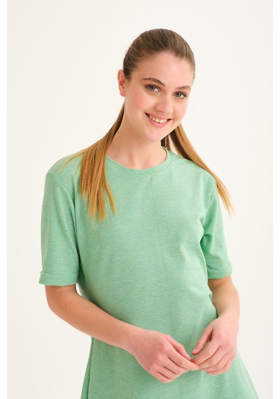 Harmandar Kısa Kollu Baskısız Lakost Kumaş T-shirt Günlük Elbise Su Yeşili