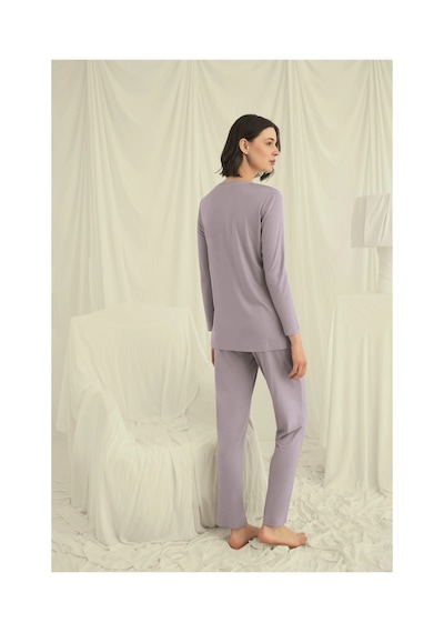 L'ombre Uzun Kollu Boydan Düğmeli V Yaka Pijama Takımı Gri