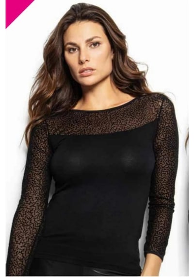 Uzun Kollu Flok Transparan T-shirt-0937 Siyah