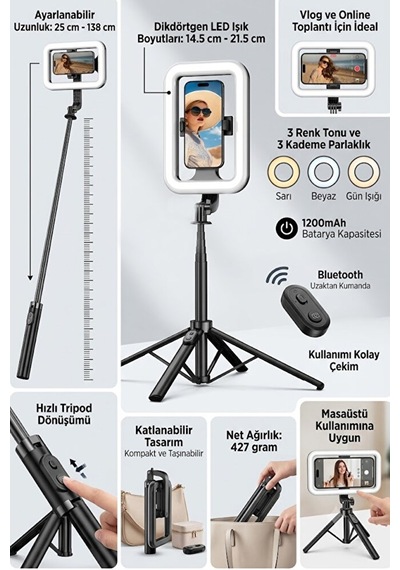 Bluetooth Kumandalı Şarjlı 8 İnç Led Ring Light Katlanabilir Selfie Çubuğu Ve Tripod 3 Renk Tonu