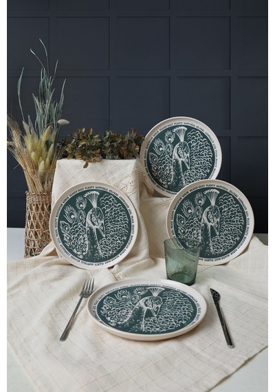 Keramika Tavus Kuşu Nordıc Pasta Tabağı 22 Cm 4 Adet 23137 Yeşil