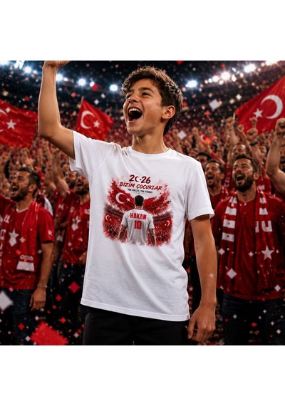Bk Gift Kişiye Özel Türkiye Taraftar Temalı 2026 Dünya Kupası Tasarımlı Çocuk Tişört-2, Tek Yürek Milli Takım Ruhu Beyaz