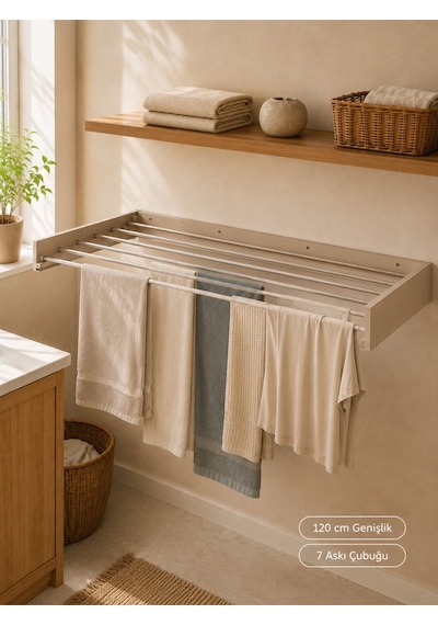 Çamaşır Kurutma Askısı Katlanır Duvara Monte Balkon Banyo Askılık Duvar Tipi Yer Tasarruflu Çamaşırlık 120 Cm Belize Cappucino