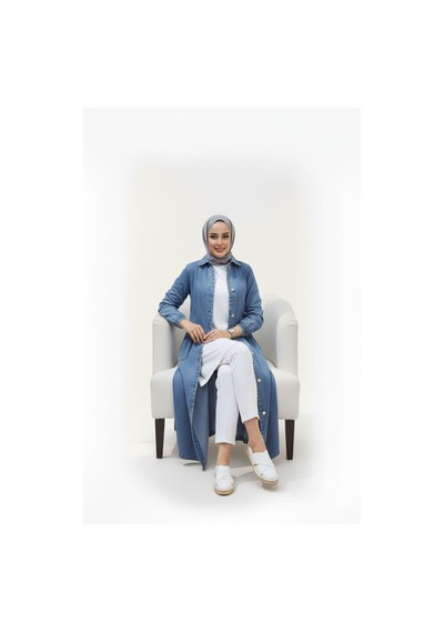 Hb Harma Time Butik Kadın Düğmeli Cepli Kar Yıkamalı Denim Mavi Kot Kap Açık Mavi Açık Mavi