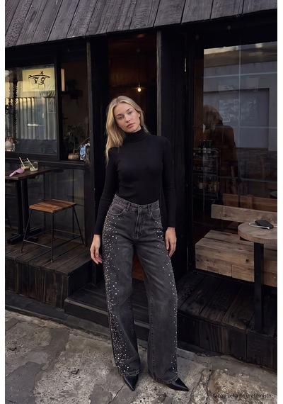 Kadın T-2w6-1 Loose Fit Parlak Taş Özel Tasarım Denim Jean Koyu Füme