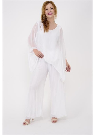 Bohem Stil İtalyan Yarasa Kol İpek Bluz-8869 Beyaz