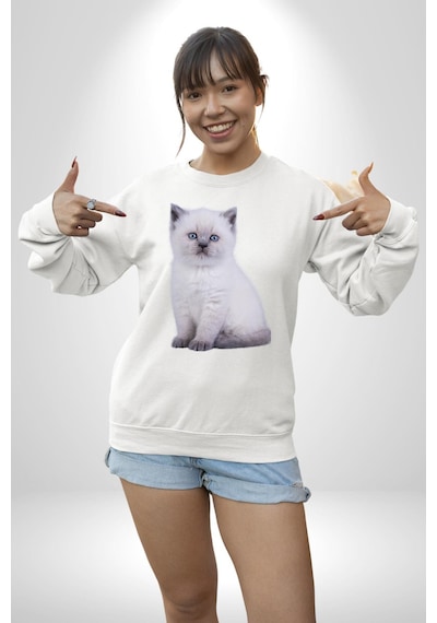 Beyaz Yavru Kedi Unisex Beyaz Sweatshirt Beyaz