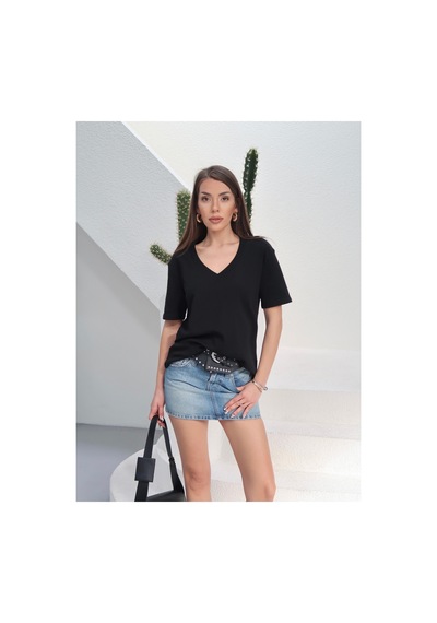 Paw Garage Kadın Massi İnterlok Kumaş V Yaka Oversize T-shirt SIYAH